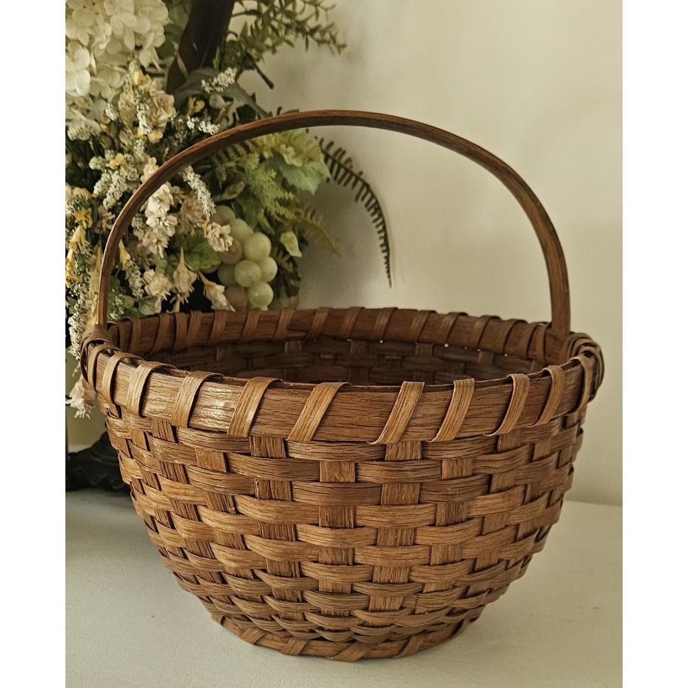 Early American Gathering Basket Bentwood Handle Primitive Antique